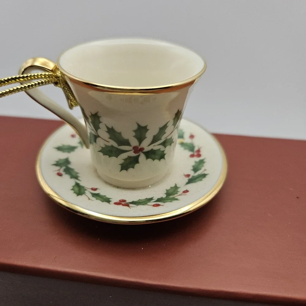 Lenox Hanging Cup & Saucer Ornament, White/Green/Red/Gold Floral Christmas